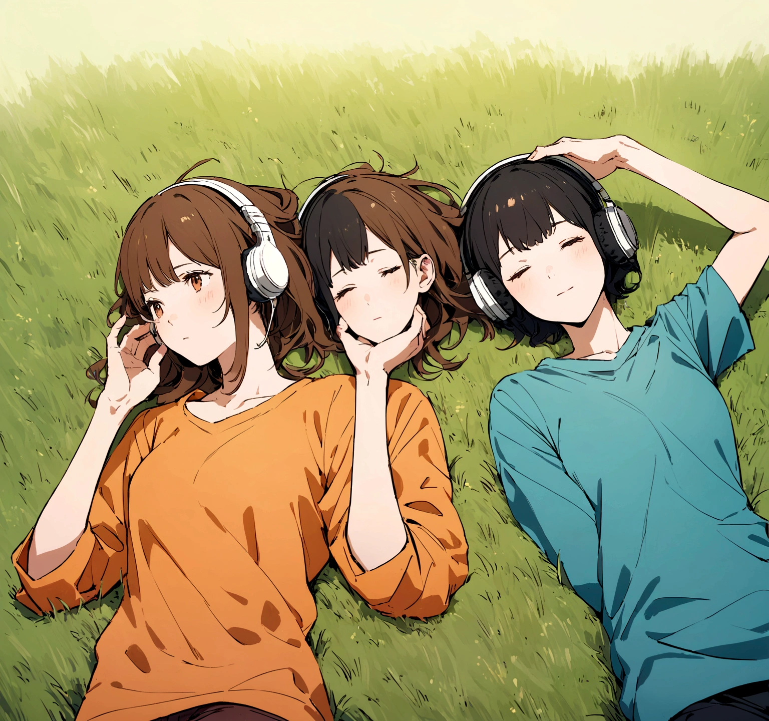 The image depicts two people lying on the grass. The person on the left is wearing a blue shirt and has brown hair, while the person on the right is wearing an orange shirt and has black hair. Both have headphones connected to smartphones. The person on the right is holding their head with their hands, possibly indicating relaxation or enjoyment of the music. The background is mainly composed of green grass, with a subtle texture that suggests it is an illustration rather than a photograph