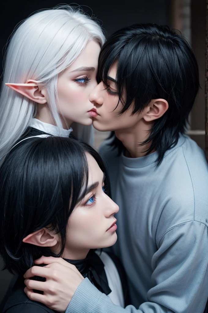 Black-haired elf emo boy kissing white-haired with wolf eyes and blue eyes