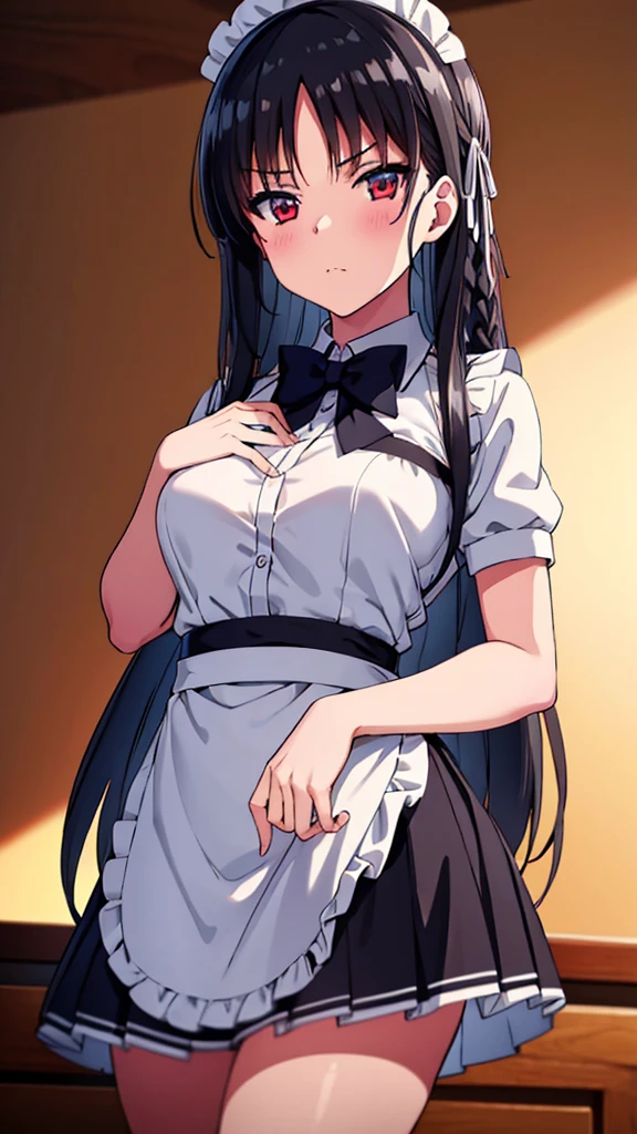 (masterpiece:1.3), (best quality:1.2), (8k, ultra detailed, ultra high res:1.3), ((anime style)), perfect 5 fingers, perfect anatomy, 1girl, (detailed eyes:1.2), 
BREAK long hair, braid, black hair, 
red eyes, 
BREAK [medium breasts], maid, maid clothes,maid apron, maid headdress,frilled skirt,
BREAK seductive pose, blush, looking at viewer, cowboy shot, indoor, on the bed, 