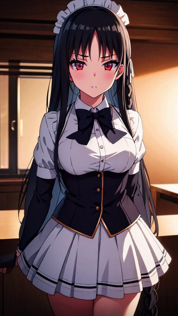 (masterpiece:1.3), (best quality:1.2), (8k, ultra detailed, ultra high res:1.3), ((anime style)), perfect 5 fingers, perfect anatomy, 1girl, (detailed eyes:1.2), 
BREAK long hair, braid, black hair, 
red eyes, 
BREAK [medium breasts], maid, maid clothes,maid apron, maid headdress,frilled skirt,
BREAK seductive pose, blush, looking at viewer, cowboy shot, indoor, on the bed, 