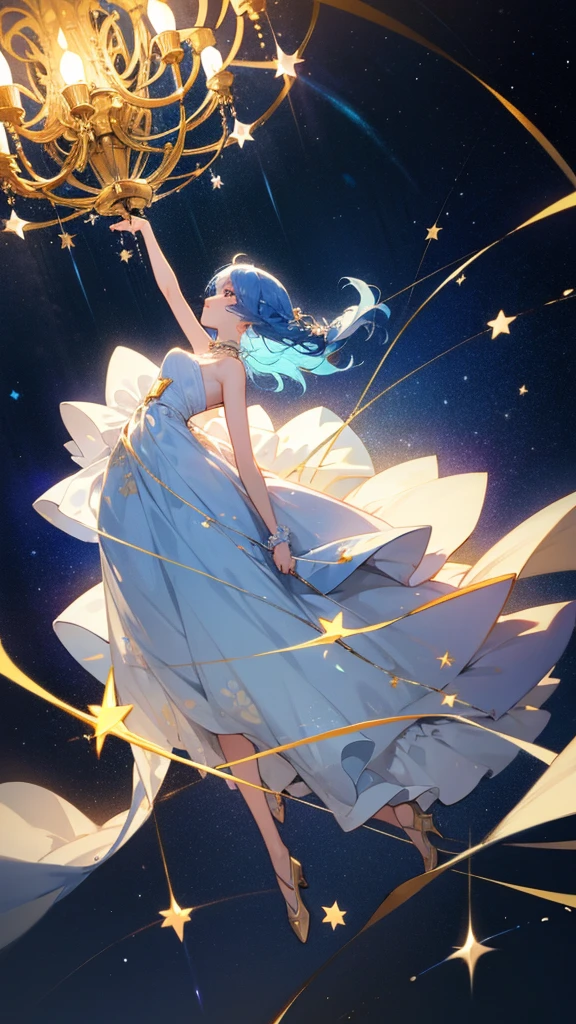 soft light, 1 girl, alone, blue hair, golden eyes, (white dress), bare shoulders, choker, jewelry, floral decorations, jems, star\(symbol\), starry night, moon candles, chandelier, interior, baroque style background, full body.