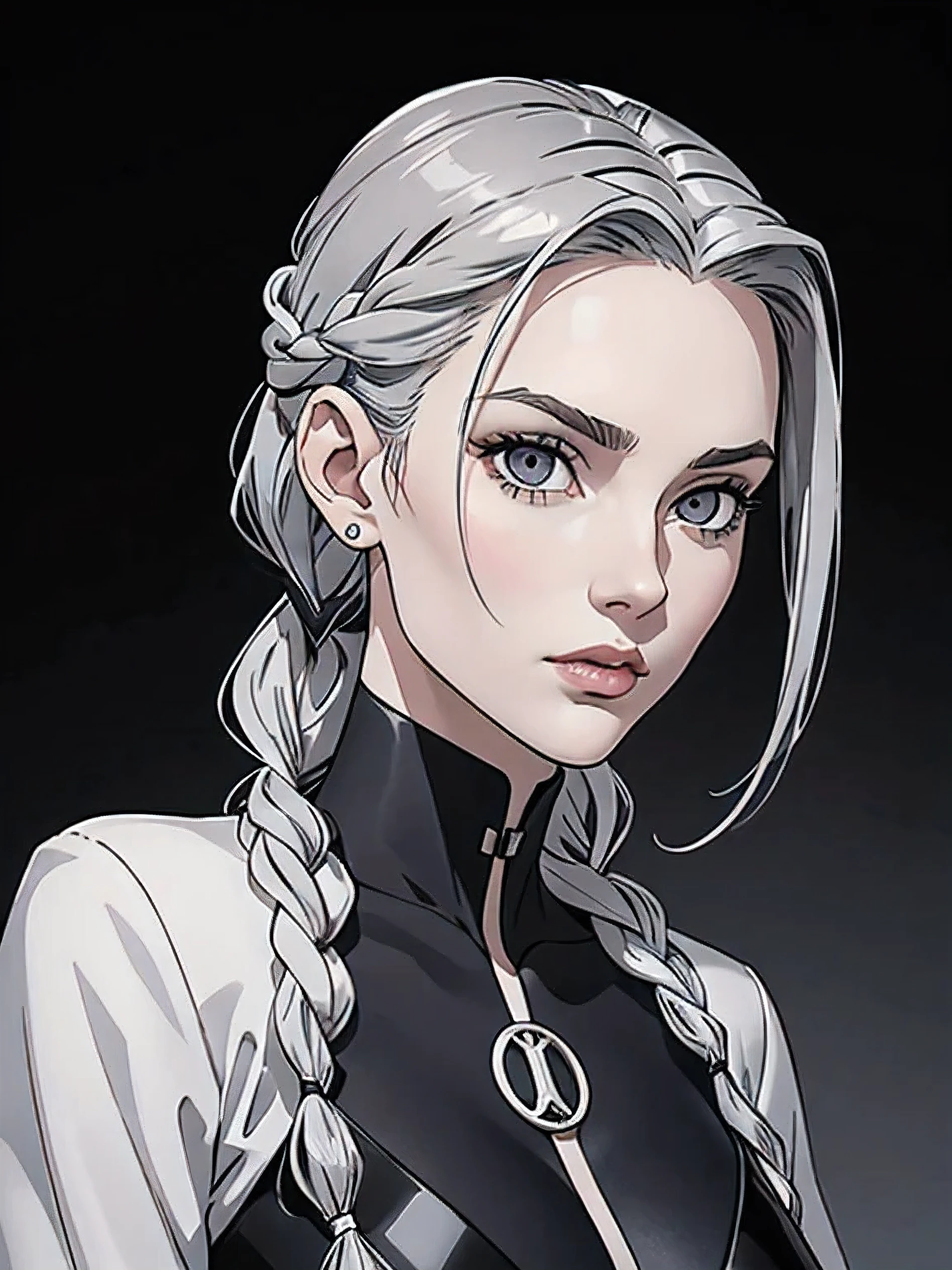 Cassandra is a tall young woman in her 20s with pale skin., gray eyes and white wavy hair, braided into a high ponytail with many small braids. Two strands of hair and asymmetrical bangs go down the sides of the face. Prefers clothes in black and gray colors with lots of silver accents