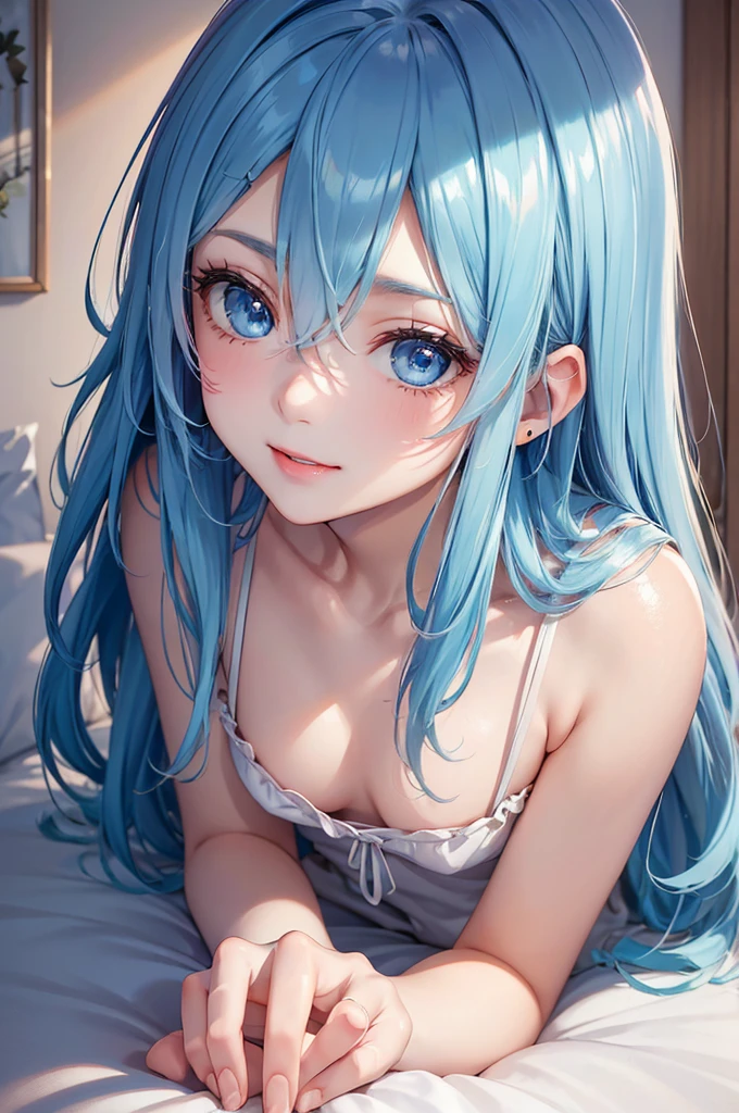 (Best Quality,High resolution,8K,finelity detailed background,Masterpiece:1.2),beautiful girl,Shiny light blue hair,messy hair,Light blue eyes,Gentle look,A refreshing look,Best quality,Best Quality,Aesthetic and aesthetic:1.2,Best details((Super detailed))(High-definition CG illustrations),cuteパジャマ,Slender body,night,Moonlight,Bedroom,On the bed,smile,blush,cute,Scrounge,Looking up,Being spoiled,super model,wariza,shoot from below