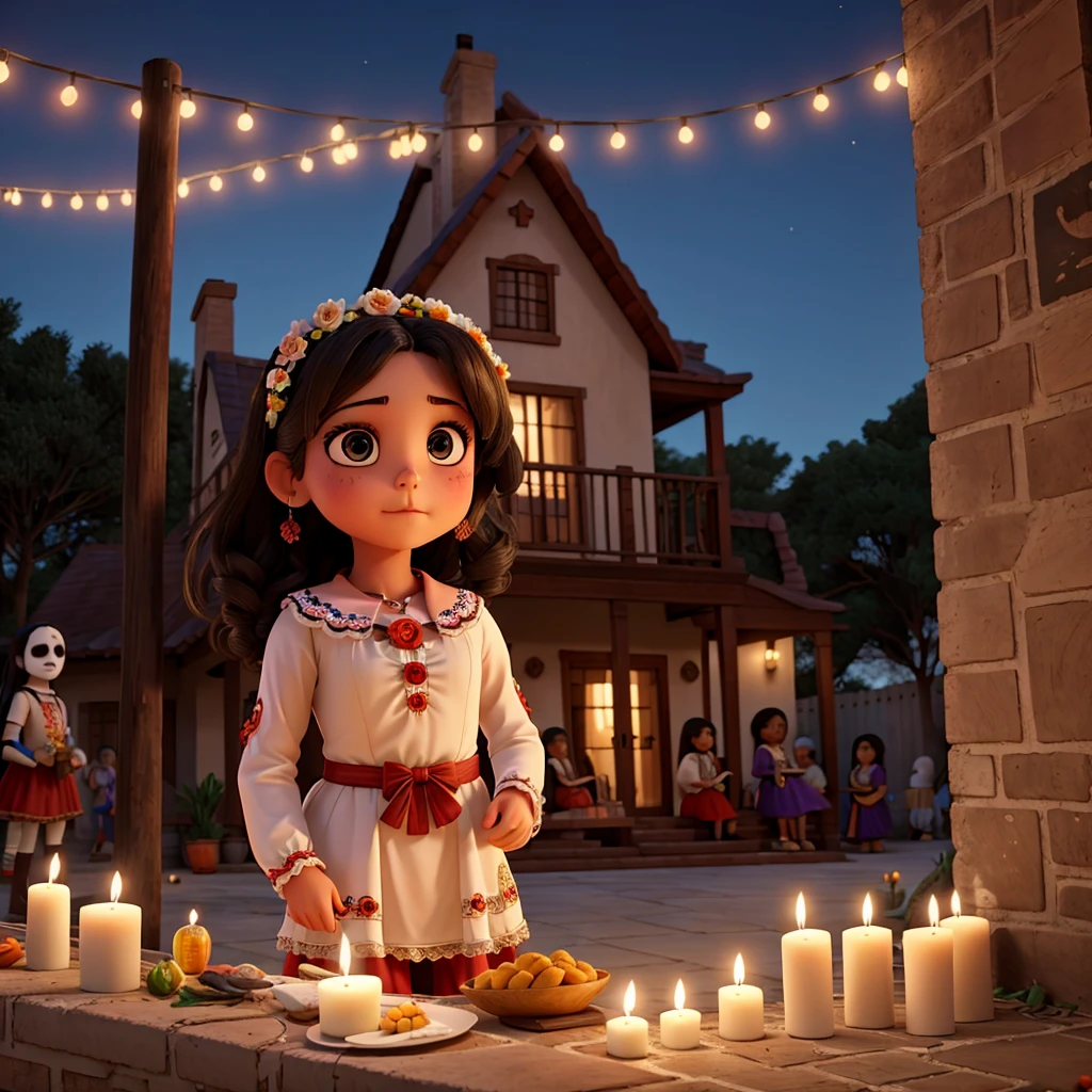 A girl standing in front of a Day of the Dead altar in her home
