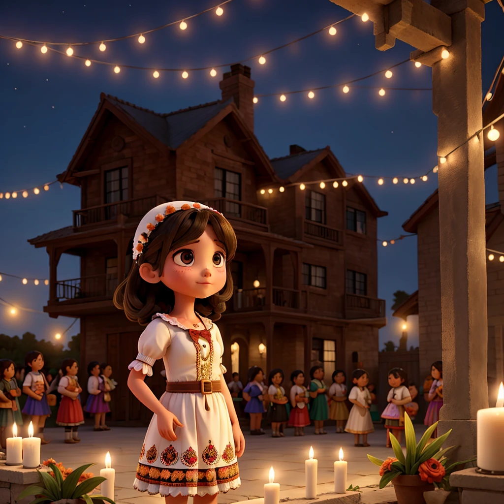 A girl and more people celebrating the day of the dead in the patio of a house