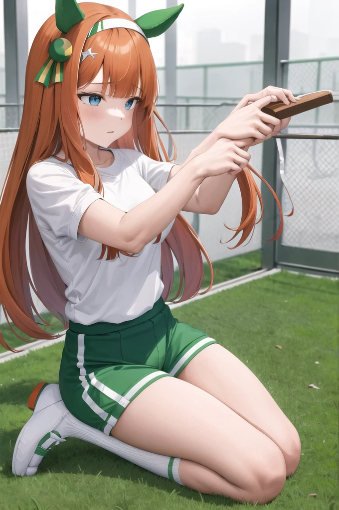 masterpiece, best quality, highres, aasuzuka, long hair, animal ears, ear covers, white hairband, horse tail,gym clothes,gym buruma,white shirt,short sleeves, black pantyhose, grass, wariza, sweat, shoes,