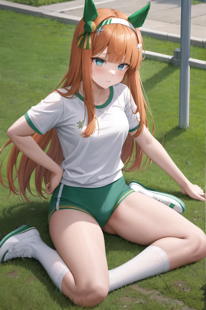 masterpiece, best quality, highres, aasuzuka, long hair, animal ears, ear covers, white hairband, horse tail,gym clothes,gym buruma,white shirt,short sleeves, black pantyhose, grass, wariza, sweat, shoes,