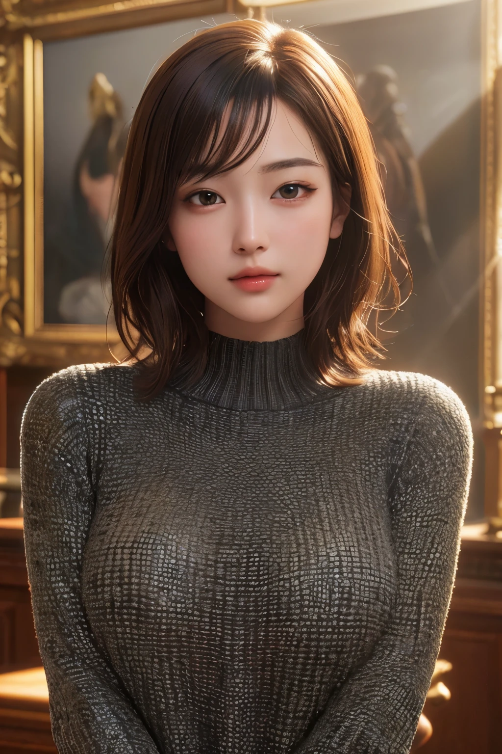 ultra high res,masterpiece,best quality,
very detailde face,detailed eyes,extremely intricate,perfect glossy shiny skins,perfect lighting,detailed lighting,dramatic shadows,ray tracing,
1girl,upper body,black sweater,looking at viewer,