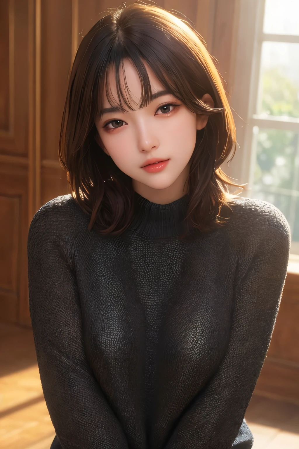 ultra high res,masterpiece,best quality,
very detailde face,detailed eyes,extremely intricate,perfect glossy shiny skins,perfect lighting,detailed lighting,dramatic shadows,ray tracing,
1girl,upper body,black sweater,looking at viewer,