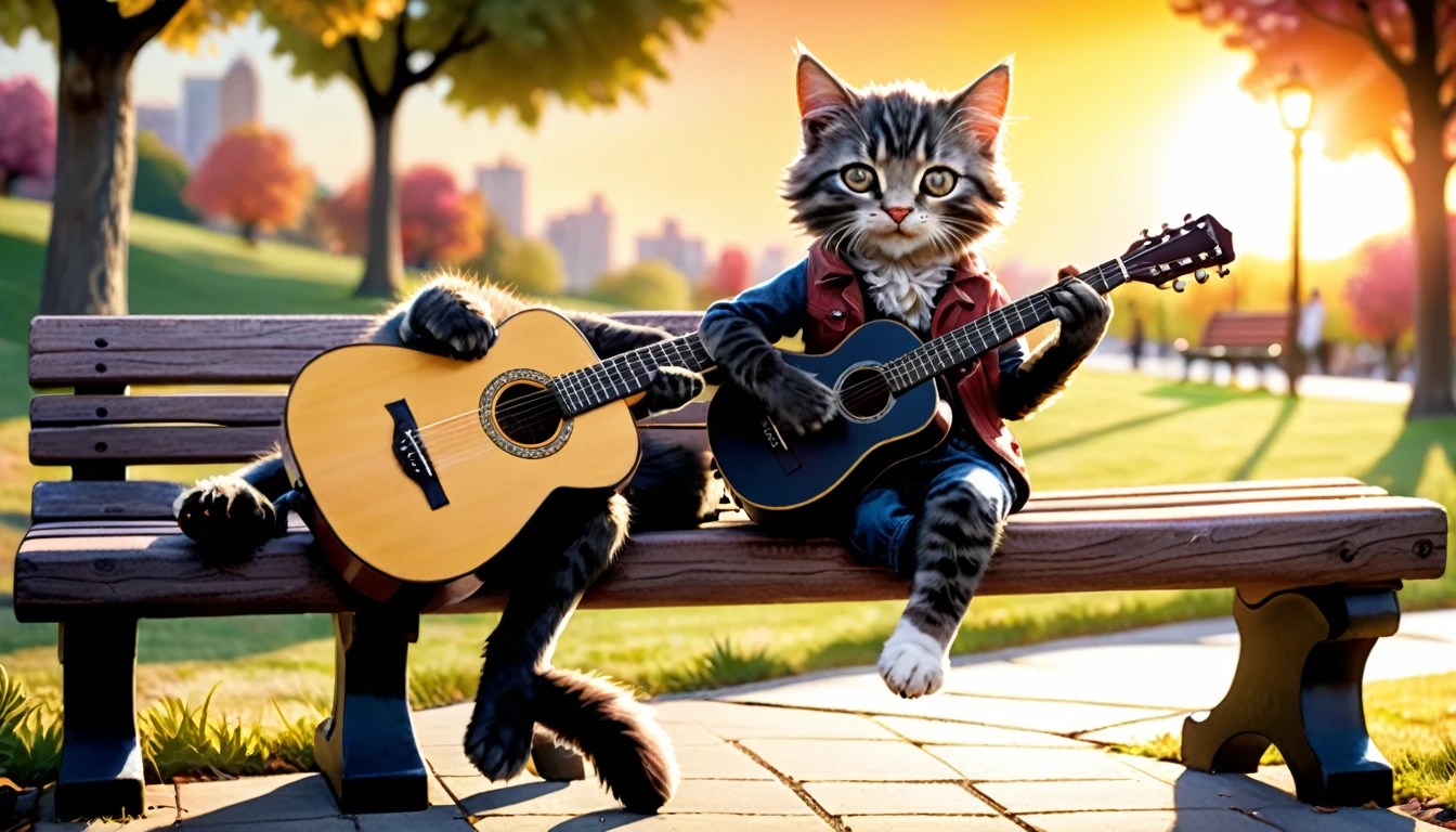 (photo film style), anthropomorphic, cute kitten, playing acoustic guitar, park bench, sunset, relaxing, enjoying music, 2D, colorful, warm atmosphere, shiny, Jean-Baptiste Monge style, Alan Lee style