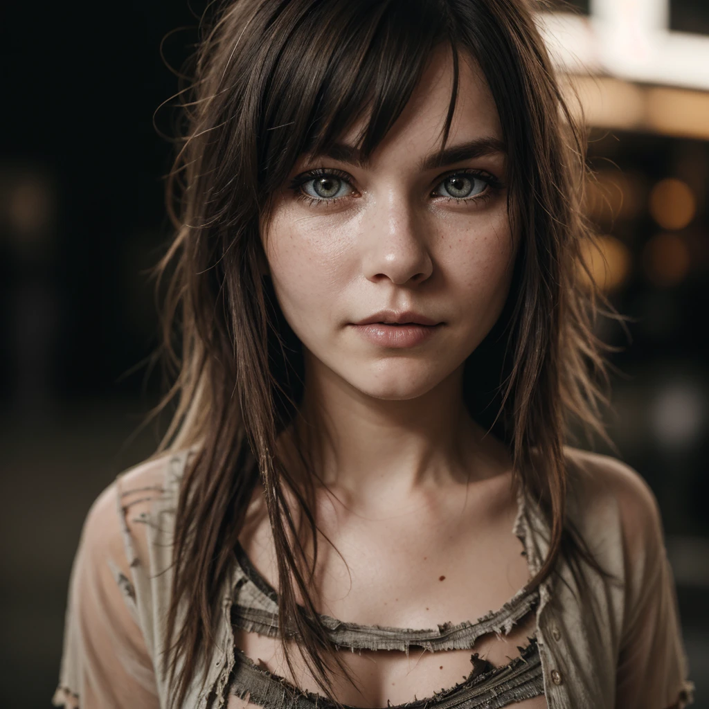 Pale woman wearing shredded grunge shirt, dark messy hair, staring at viewer, perfect quality, sharp focus, shallow depth of field, 8k, flash photography, dread in eyes