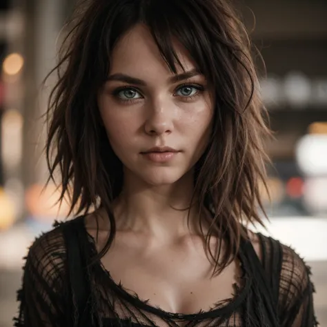 pale woman wearing shredded grunge shirt, dark messy hair, staring at viewer, perfect quality, sharp focus, shallow depth of fie...