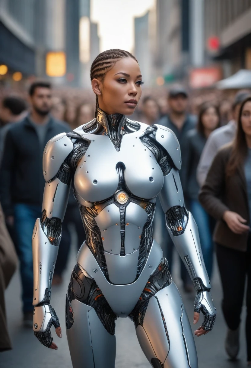 Cyborg walking in a crowd of people on the street in a big city., absurdres, masterpiece, beautiful, intricate details, 1/2 body crop, slim body, beautiful figure, magnificent , (intricate details:1.12), HDR, (intricate details, hyper-detailing:1.15), (natural skin textures, hyper realisitc, soft light, Sharp:1.2)