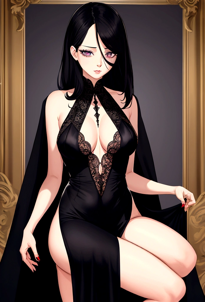 an adult woman, 33 years old, black, eyes black, flat hair, shorth hair, complete body, wearing heels, black gown
