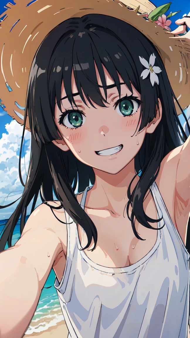 (High resolution:1.4), (masutepiece:1.2), (High quality:1.3) 1girl, saten ruiko, green eyes, long hair, black hair, small breast, blush, Grin、 White tank top shirt、Sweat、Cleavage、Armpit、 morning、summer、cloud、Wind、Straw hat、Selfie、Focus on the chest、, cinematic lighting,