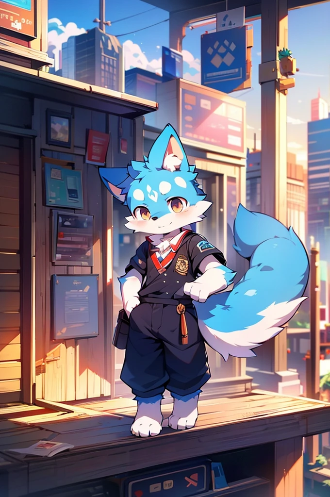Blue fur, Canine, fox motif, boy, uniform,expensive,one person,Stand up on your own feet,Expensive,Cityscape,thin tail,Front face,