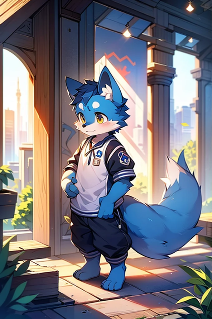 Blue fur, Canine, fox motif, boy, uniform,expensive,one person,Stand up on your own feet,Expensive,Cityscape,thin tail,Front face,