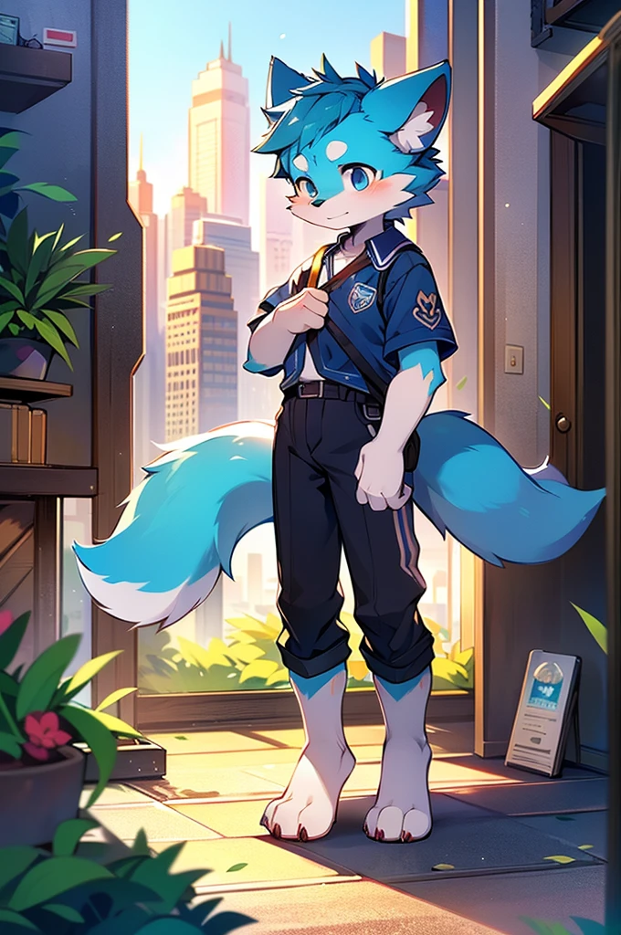 Blue fur, Canine, fox motif, boy, uniform,expensive，One person，Stand up on your own feet，expensive，Cityscape，thin tail，expensive，，Rural Scenery，