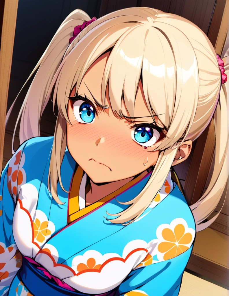 dynamic angle, (close up face), from above, a ultra detailed beautiful moe anime, (angry, embarrassed), tan, In an old-fashioned Japanese house, there is a tsundere gal. blond hair, twintail, and her eyes are a vivid blue. She is dressed in a frilly kimono, but the kimono incorporates gal fashion, characterized by flashy colors and patterns. Her attitude is tsundere, seeming cold at first glance, but harboring kindness in her heart. 