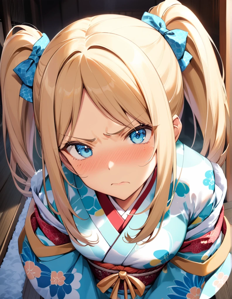 dynamic angle, (close up face), from above, a ultra detailed beautiful moe anime, (angry, embarrassed), tan, In an old-fashioned Japanese house, there is a tsundere gal. blond hair, twintail, and her eyes are a vivid blue. She is dressed in a frilly kimono, but the kimono incorporates gal fashion, characterized by flashy colors and patterns. Her attitude is tsundere, seeming cold at first glance, but harboring kindness in her heart. 