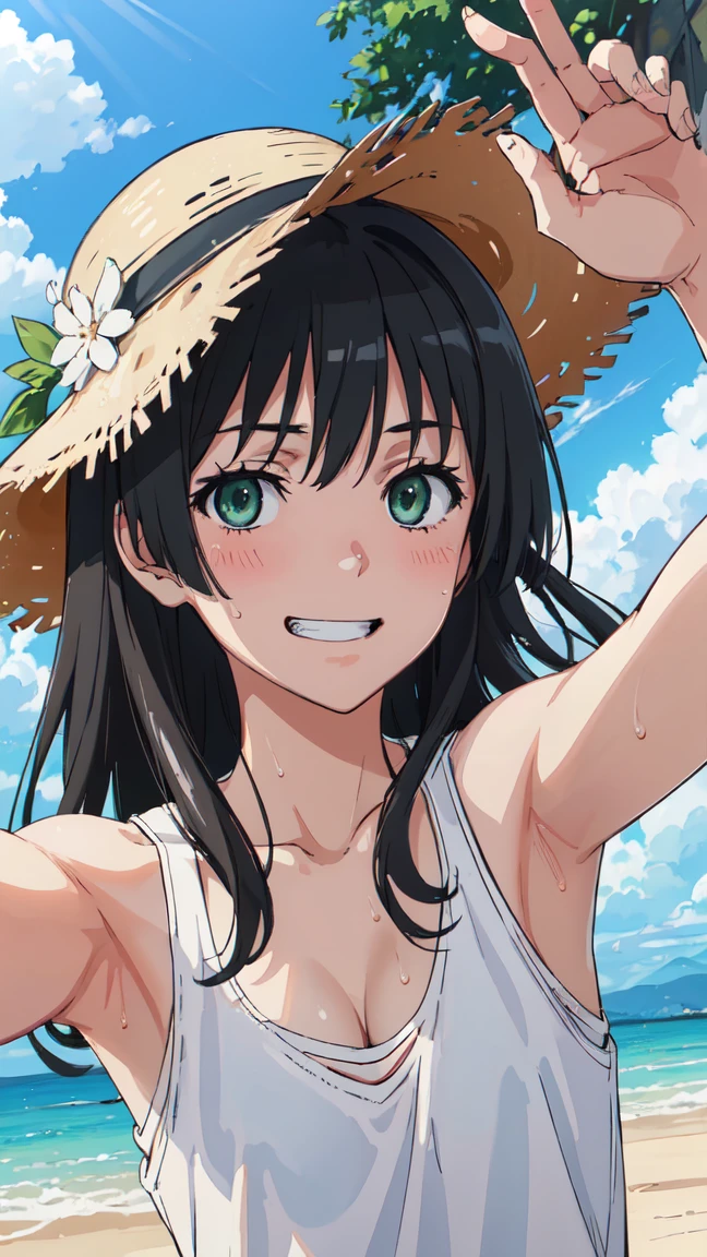 (High resolution:1.4), (masutepiece:1.2), (High quality:1.3) 1girl, saten ruiko, green eyes, long hair, black hair, small breast, blush, Grin、 White tank top shirt、Sweat、Cleavage、Armpit、 morning、summer、cloud、Wind、Straw hat、Selfie、Focus on the chest、, cinematic lighting,