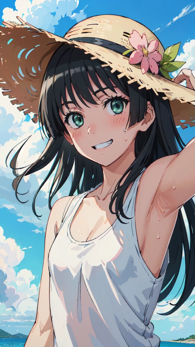  (High resolution:1.4), (masutepiece:1.2), (High quality:1.3) 1girl, saten ruiko, green eyes, long hair, black hair, small breast, blush, Grin、 White tank top shirt、Sweat、Cleavage、Armpit、 morning、summer、cloud、Wind、Straw hat、Selfie、Focus on the chest、, cinematic lighting,  