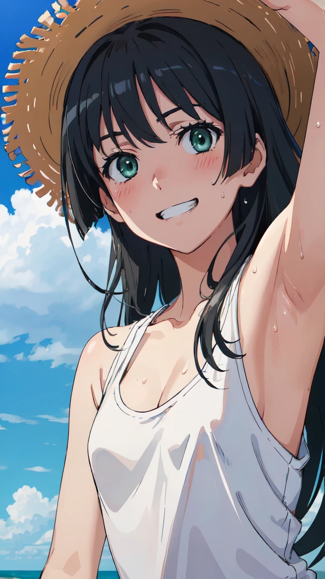  (High resolution:1.4), (masutepiece:1.2), (High quality:1.3) 1girl, saten ruiko, green eyes, long hair, black hair, small breast, blush, Grin、 White tank top shirt、Sweat、Cleavage、Armpit、 morning、summer、cloud、Wind、Straw hat、Selfie、Focus on the chest、, cinematic lighting,  