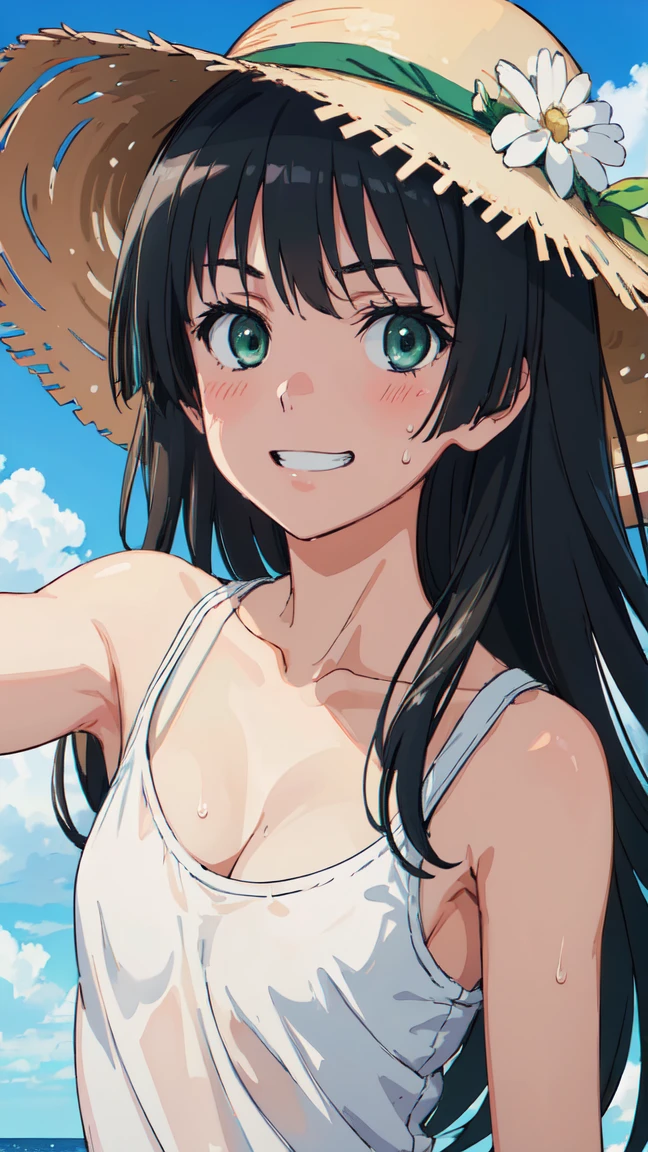 (High resolution:1.4), (masutepiece:1.2), (High quality:1.3) 1girl, saten ruiko, green eyes, long hair, black hair, small breast, blush, Grin、 White tank top shirt、Sweat、Cleavage、Armpit、 morning、summer、cloud、Wind、Straw hat、Selfie、Focus on the chest、, cinematic lighting,
