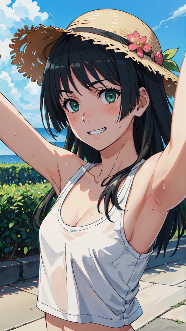  (High resolution:1.4), (masutepiece:1.2), (High quality:1.3) 1girl, saten ruiko, green eyes, long hair, black hair, small breast, blush, Grin、 White tank top shirt、Sweat、Cleavage、Armpit、 morning、summer、cloud、Wind、Straw hat、Selfie、Focus on the chest、, cinematic lighting,  