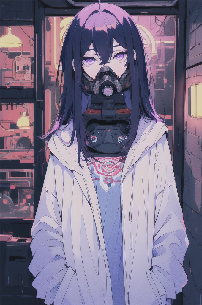 ((masterpiece)), (best quality), ((highres)), 4K, Detailed, (Ambient Light, Digital Art, Soft Lighting, extremely detailed 8K wallpaper:1.2), BREAK 1girl, solo, pale skin, violet eyes, violet hair, ahoge, (absurdly long hair:1.1), flat chest, cyberpunk scenery, jacket, pants, shirt, night, hand in pocket, looking at viewer, hair between eyes, expressionless, rtx, neon light, gas mask