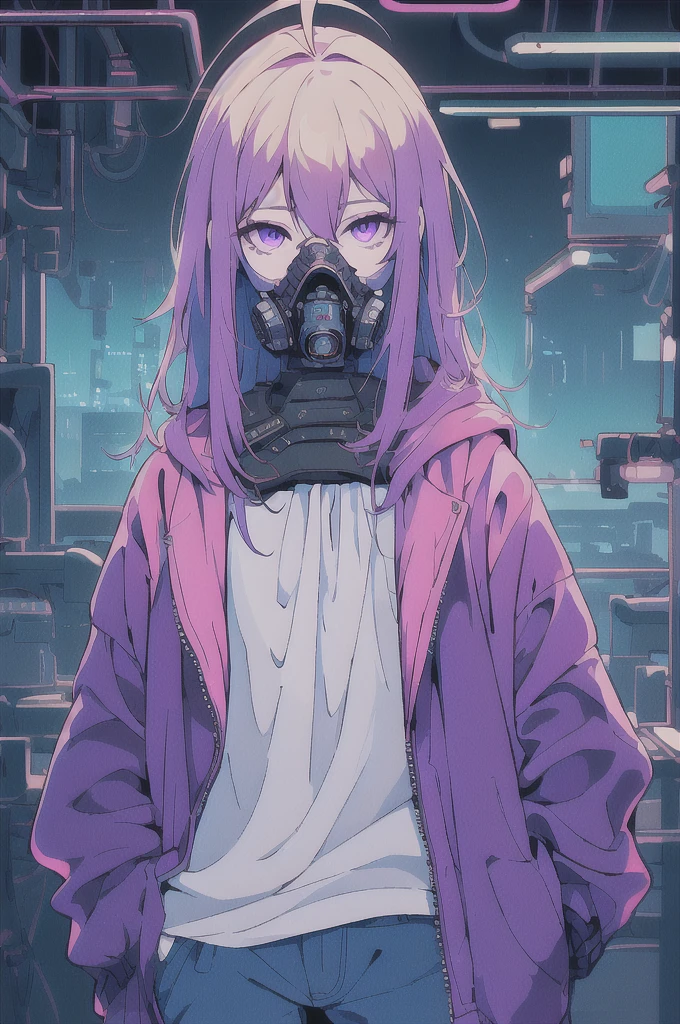 ((masterpiece)), (best quality), ((highres)), 4K, Detailed, (Ambient Light, Digital Art, Soft Lighting, extremely detailed 8K wallpaper:1.2), BREAK 1girl, solo, pale skin, violet eyes, violet hair, ahoge, (absurdly long hair:1.1), flat chest, cyberpunk scenery, jacket, pants, shirt, night, hand in pocket, looking at viewer, hair between eyes, expressionless, rtx, neon light, gas mask