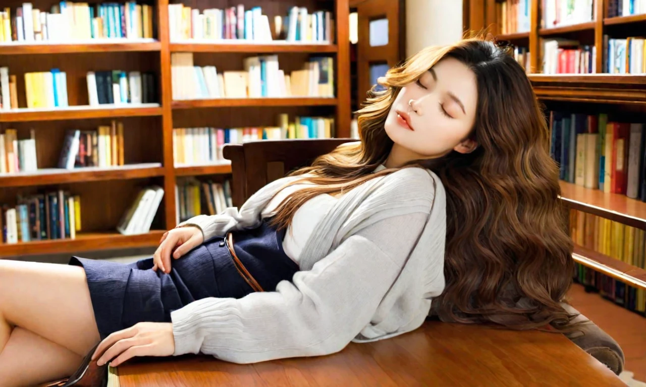 a beautiful asian girl, dozing, cozy library, seating, wooden desk, head resting, folded arms, atop an open book, long, brown, wavy hair cascades over shoulders, peaceful, relaxed face, high nose, plump lips, serene expression, softly closed eyes, light, comfortable sleep, seat on the chair. The library is warmly lit, soft, ambient lighting, tranquil, inviting atmosphere. Shelves filled with books line the background, nearby window, gentle stream, natural light. The desk is cluttered with various books, notebooks, and a pair of reading glasses. Her outfit is casual yet stylish, perfectly, masterpiece, best quality, 2K, realistic, high contrast, sharp