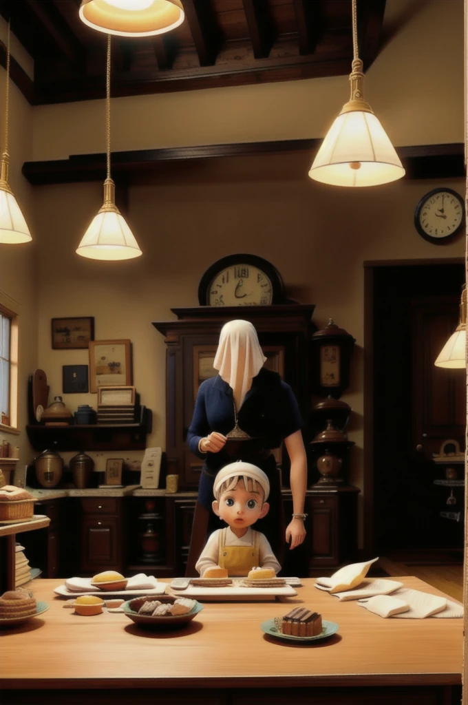 watching her grandfather make a cake in his bakery