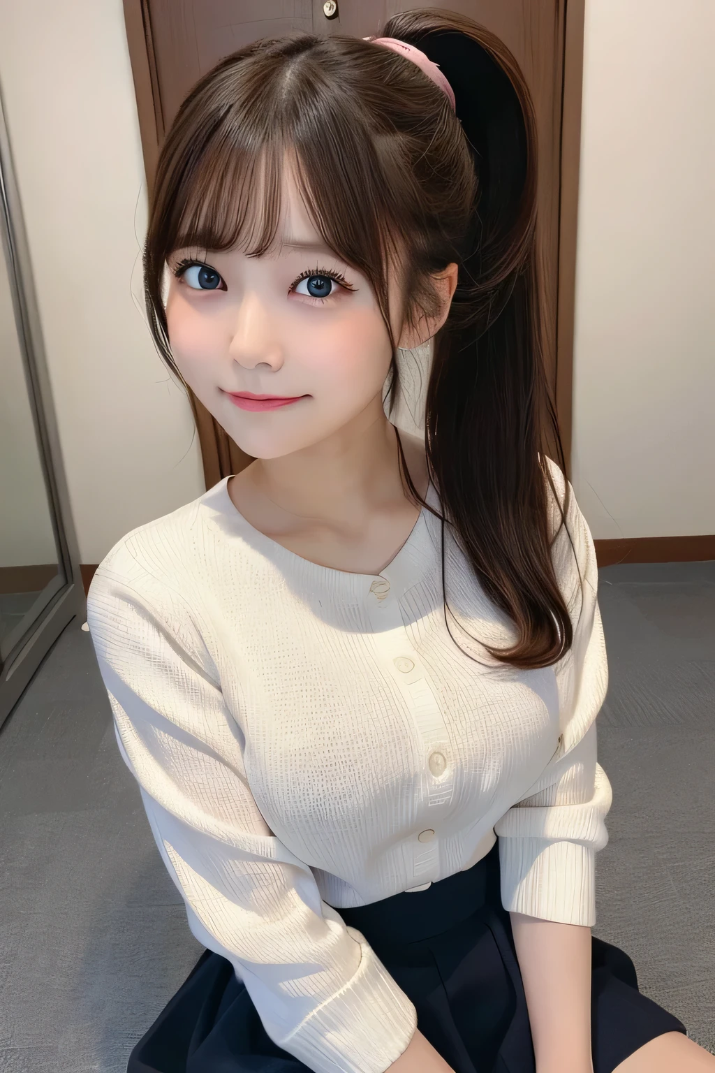 One Girl, Very cute face,masterpiece, Highest quality, Ultra-fine、huge , Brown Hair, Laughter, Sit on, Send glances, Skirt, skyscraper、Extreme、City scenery, city, ponytail, shirt, bust、Pink knitwear、Ample breasts、Nogizaka、Beautiful dark eyes:1.３、17 years old 、more_detailed:1.5、Purikura