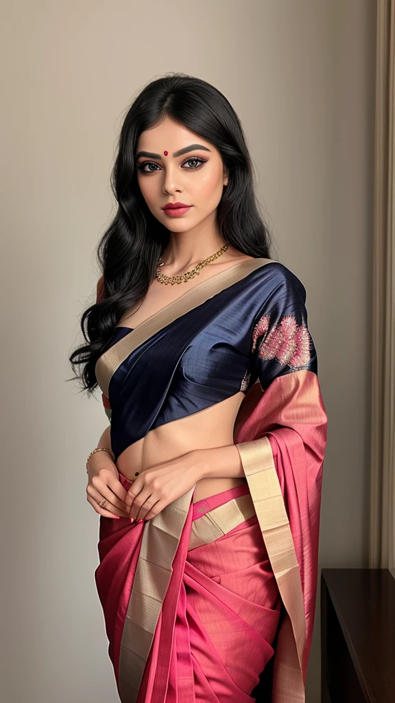In the image, a woman is elegantly draped in a silk saree, showcasing a professional and graceful demeanor. The saree is crafted from high-quality fabric, featuring a intricate design with a vibrant color palette and exquisite print. Its border and pallu are adorned with meticulous detailing, enhancing its aesthetic appeal. The blouse complements the saree perfectly, crafted with fine attention to detail in both fabric and design. The woman's makeup is attractive yet subtle, with deep eyeliner, highlighted eyelids, and long, thick lashes framing her expressive eyes. Her lips are adorned with a beautiful lip color that complements her smooth, spotless skin. Her black wavy hair is styled in a bright, highlighted design, adding to her overall allure. She stands confidently, posing in a manner that highlights the saree's beauty and her own elegance, making the image a masterpiece of traditional attire and professional presentation.