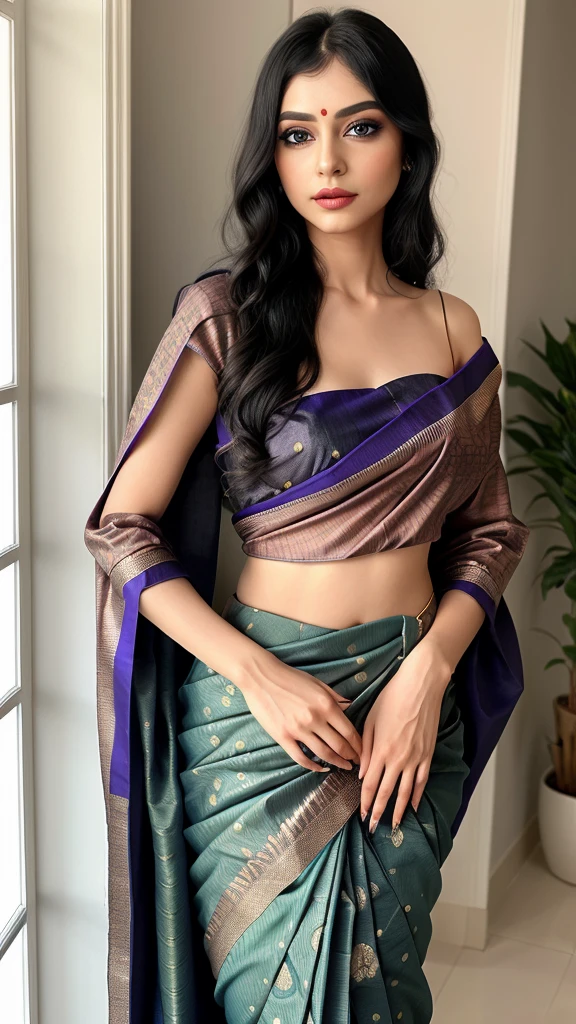 In the image, a woman is elegantly draped in a silk saree, showcasing a professional and graceful demeanor. The saree is crafted from high-quality fabric, featuring a intricate design with a vibrant color palette and exquisite print. Its border and pallu are adorned with meticulous detailing, enhancing its aesthetic appeal. The blouse complements the saree perfectly, crafted with fine attention to detail in both fabric and design. The woman's makeup is attractive yet subtle, with deep eyeliner, highlighted eyelids, and long, thick lashes framing her expressive eyes. Her lips are adorned with a beautiful lip color that complements her smooth, spotless skin. Her black wavy hair is styled in a bright, highlighted design, adding to her overall allure. She stands confidently, posing in a manner that highlights the saree's beauty and her own elegance, making the image a masterpiece of traditional attire and professional presentation.