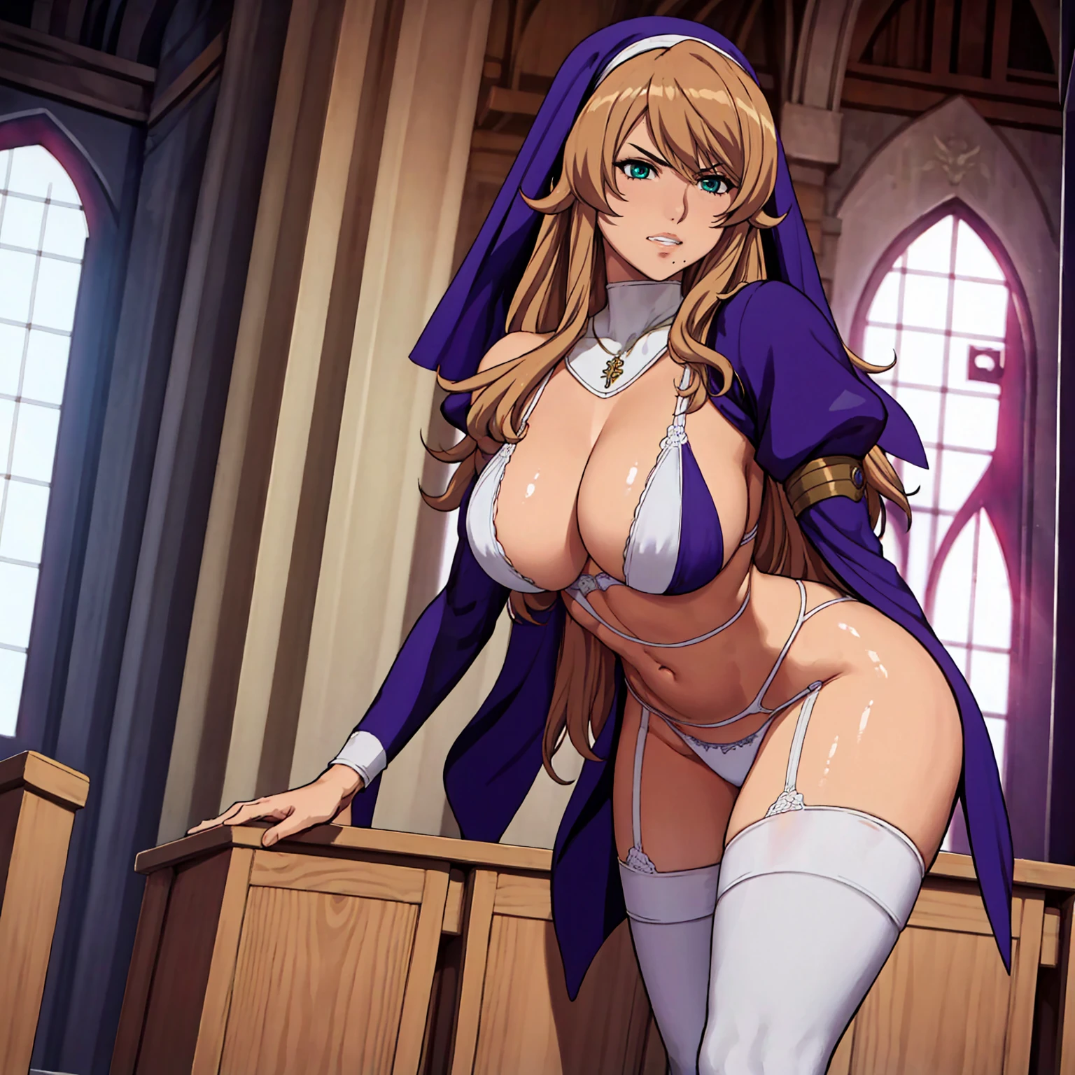 score_9, score_8_up, score_7_up, score_6_up, source_anime, BREAK 1girl, solo, Sigui, jewelry,necklace, long brown hair, Bangs, purple cape on her head, green eyes, long sleeves,white panties, white bra, cleavage, embarrassed face, legs focus, thick legs, huge breasts, front, looking at you, grin, standing, church