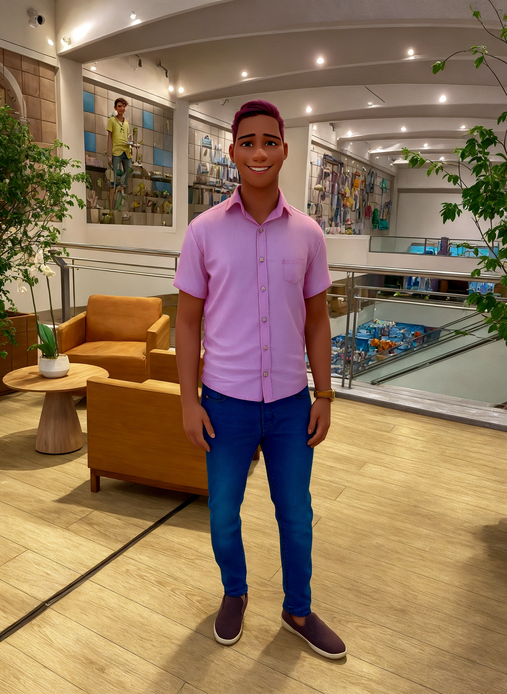 smiling young man, pink shirt, jeans, low hair, em uma sala de shoping.