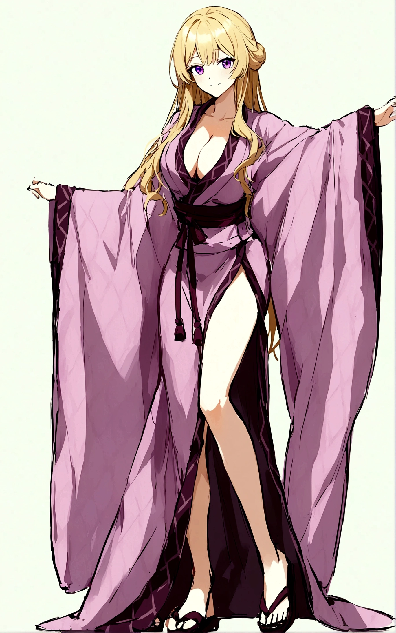 1girl,独奏,Long hair,Chest,Smile,blond,大Chest,Simple background,White background,Cleavage,Purple Eyes,whole body,Bathrobe,sandals,粉色Bathrobe