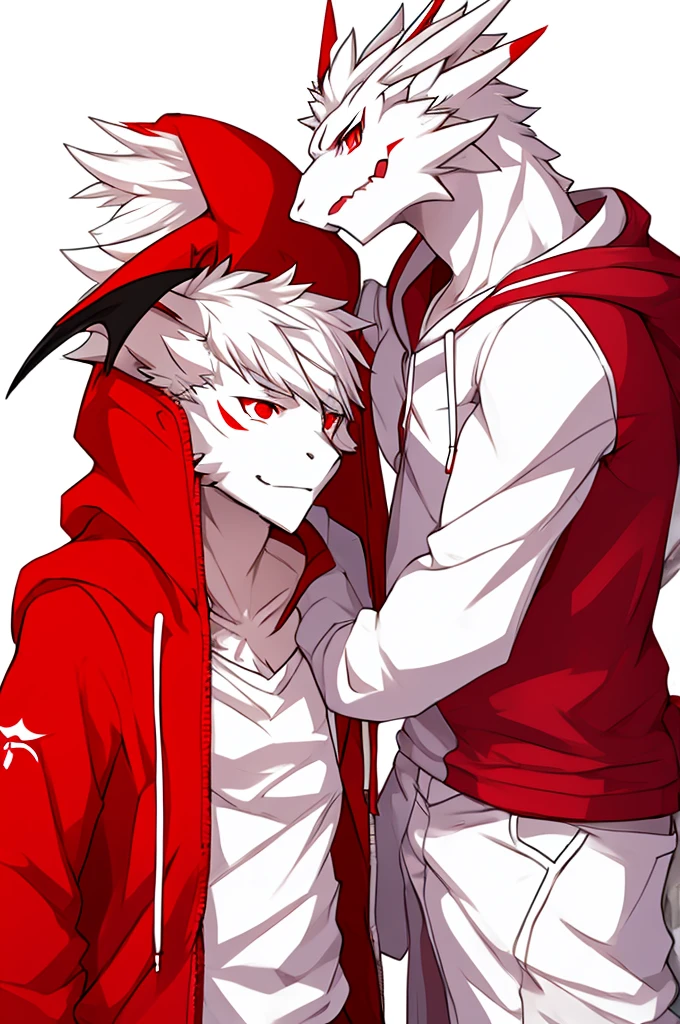 pure white wingless dragon male, Red eyes, anime style, anthropomorphic, red mark on the neck, dressed with white Hoodie and white jeans, Gray Background