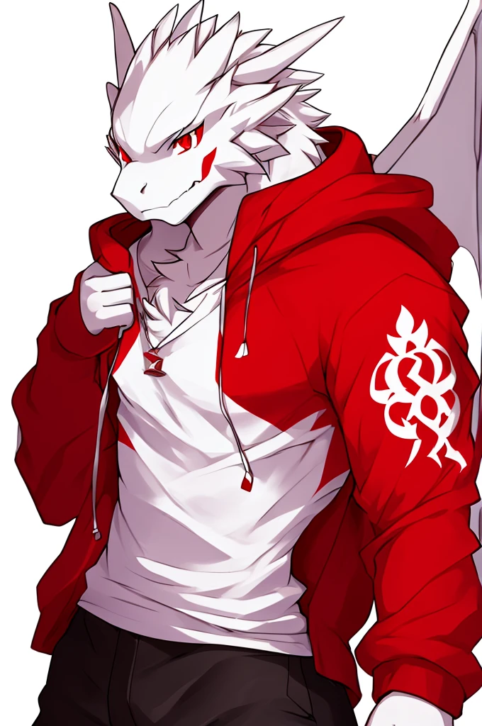 pure white wingless dragon male, Red eyes, anime style, anthropomorphic, red mark on the neck, dressed with white Hoodie and white jeans, Gray Background