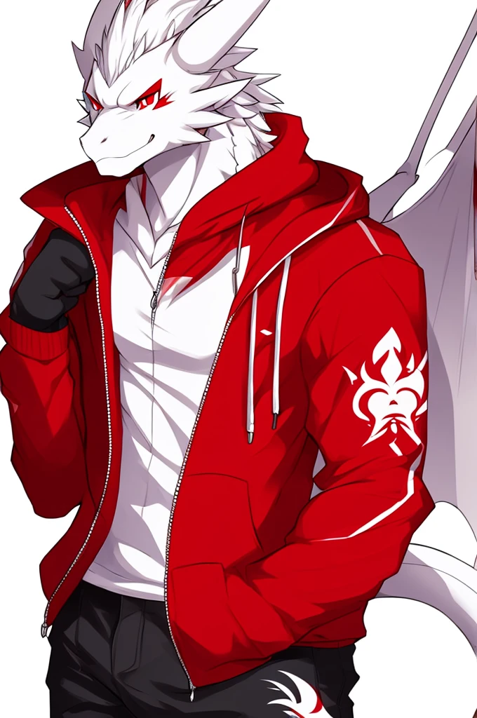 pure white wingless dragon male, Red eyes, anime style, anthropomorphic, red mark on the neck, dressed with white Hoodie and white jeans, Gray Background