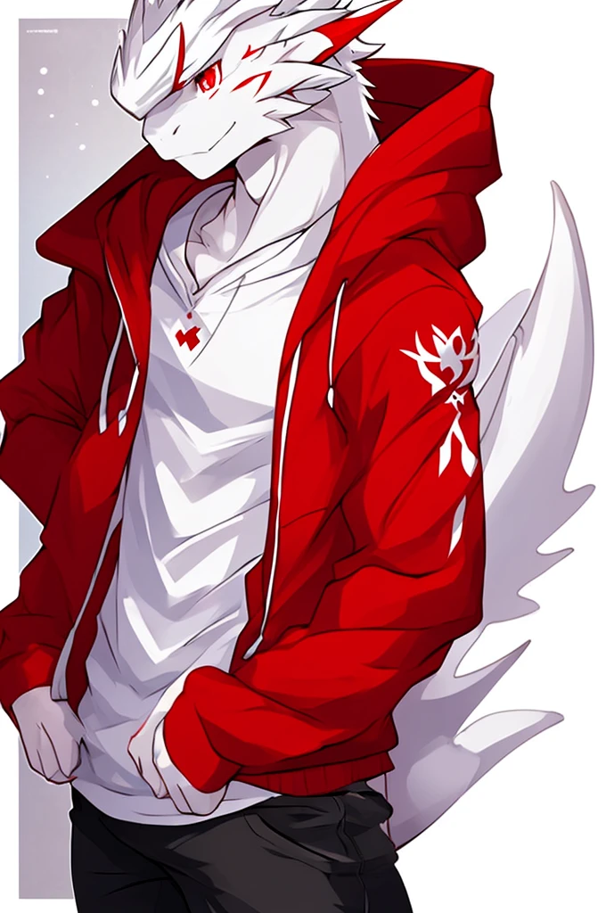 pure white wingless dragon male, Red eyes, anime style, anthropomorphic, red mark on the neck, dressed with white Hoodie and white jeans, Gray Background