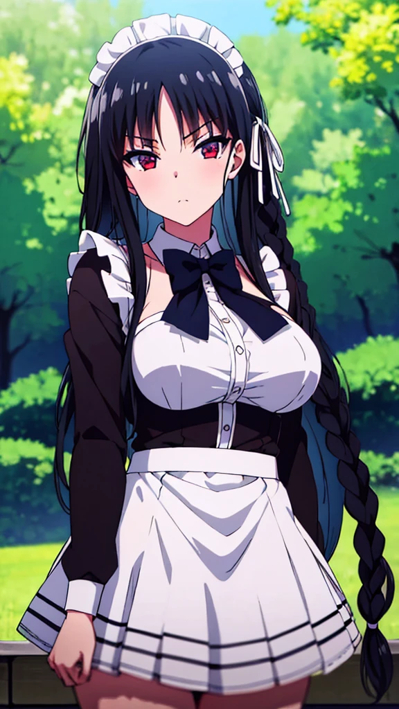 (masterpiece:1.3), (best quality:1.2), (8k, ultra detailed, ultra high res:1.3), ((anime style)), perfect 5 fingers, perfect anatomy, 1girl, (detailed eyes:1.1), 
BREAK long hair, braid, black hair, red eyes, 
BREAK [medium breasts], maid, maid clothes,maid apron, maid headdress,frilled skirt,
BREAK seductive pose, looking at viewer, cowboy shot, outdoor, 