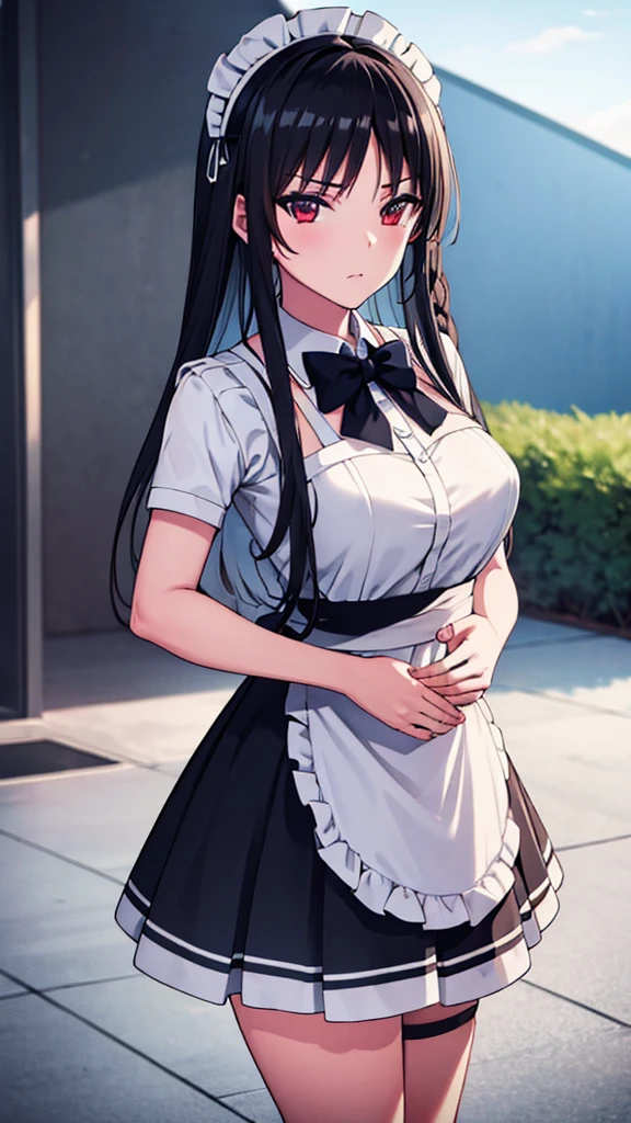 (masterpiece:1.3), (best quality:1.2), (8k, ultra detailed, ultra high res:1.3), ((anime style)), perfect 5 fingers, perfect anatomy, 1girl, (detailed eyes:1.1), 
BREAK long hair, braid, black hair, red eyes, 
BREAK [medium breasts], maid, maid clothes,maid apron, maid headdress,frilled skirt,
BREAK seductive pose, looking at viewer, cowboy shot, outdoor, 