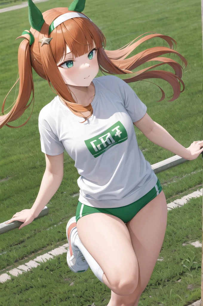 masterpiece, best quality, highres, aasuzuka, long hair, animal ears, ear covers, white hairband, horse tail,gym clothes,gym buruma,white shirt,short sleeves, black pantyhose, grass,running, sweat, shoes,