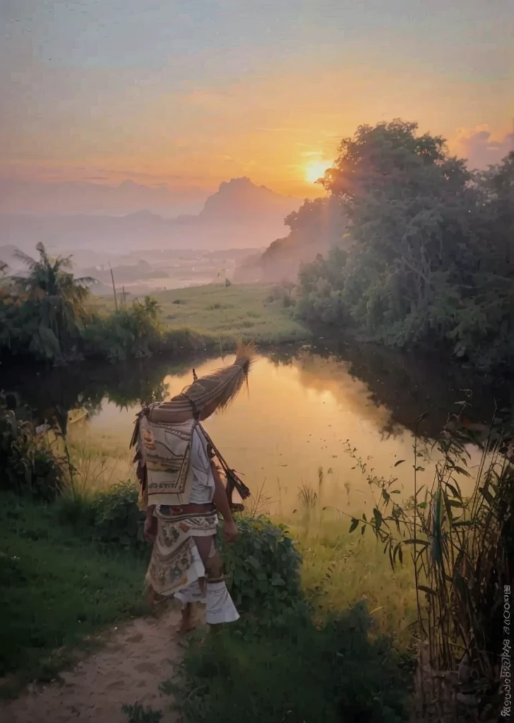 A Filipino tribes Man standing looking at the sunset , near the viewer audience POV
