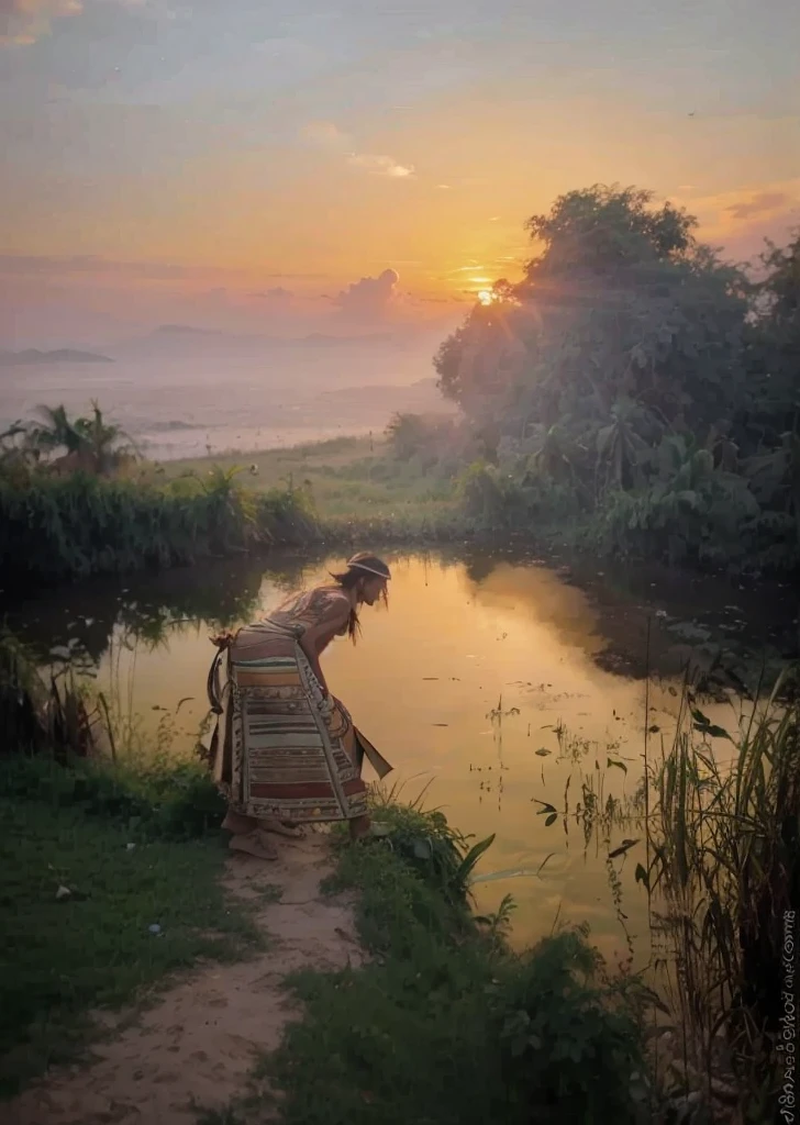 A Filipino tribes Man standing looking at the sunset , near the viewer audience POV
