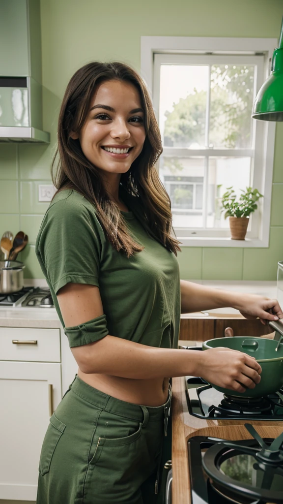 smiling person in a green kitchen