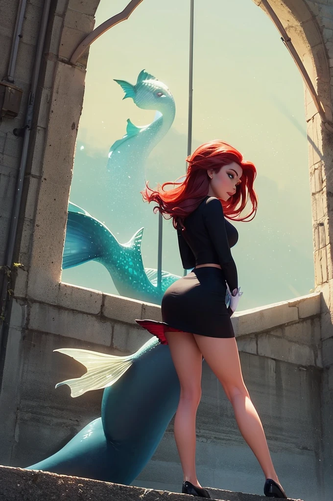 adult ariel (the little mermaid), with her long red hair styled just like in the cartoon, wearing a black business suit with a short skirt, standing up, showing her legs, standing back to back with elsa from frozen wearing a black business suit with a skirt